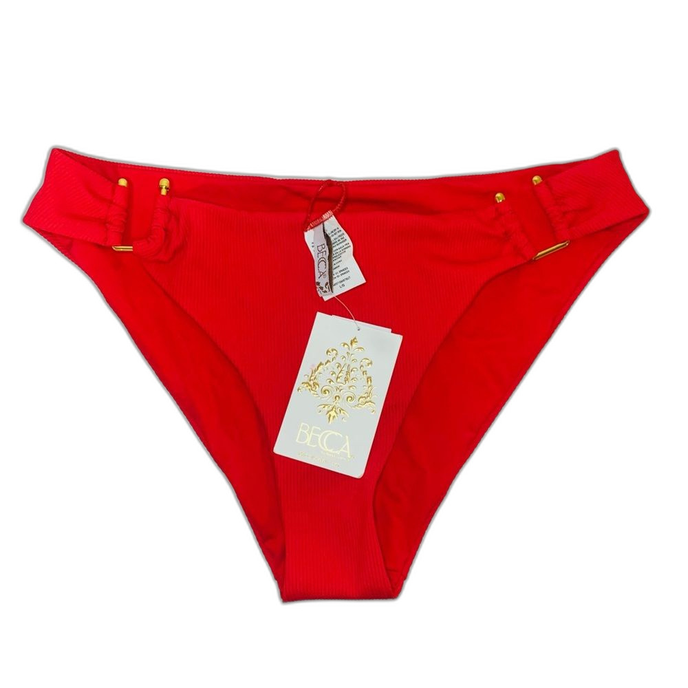 Becca Gracie Side Tab Hipster Red Bikini Bottom with Gold Ring Accents size L